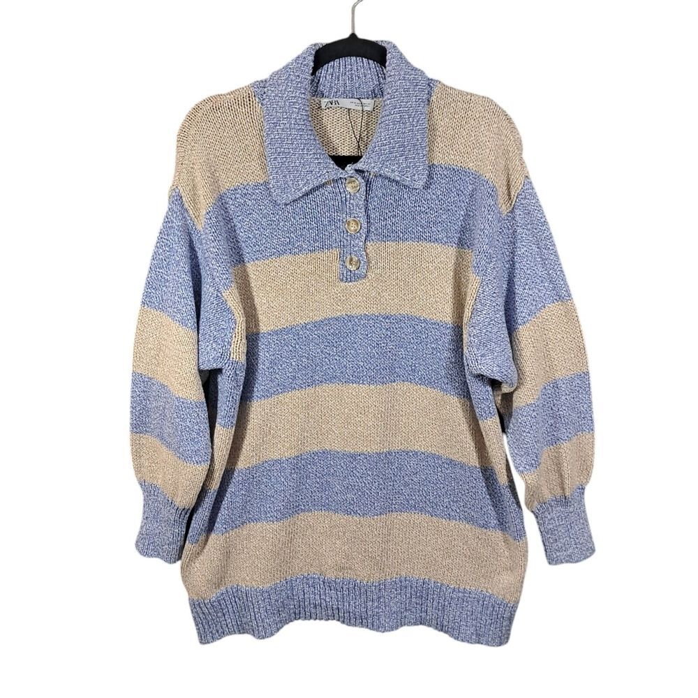 Zara Knit Polo Sweater Mens Medium Blue Stripped Collar Preppy Chenille Office